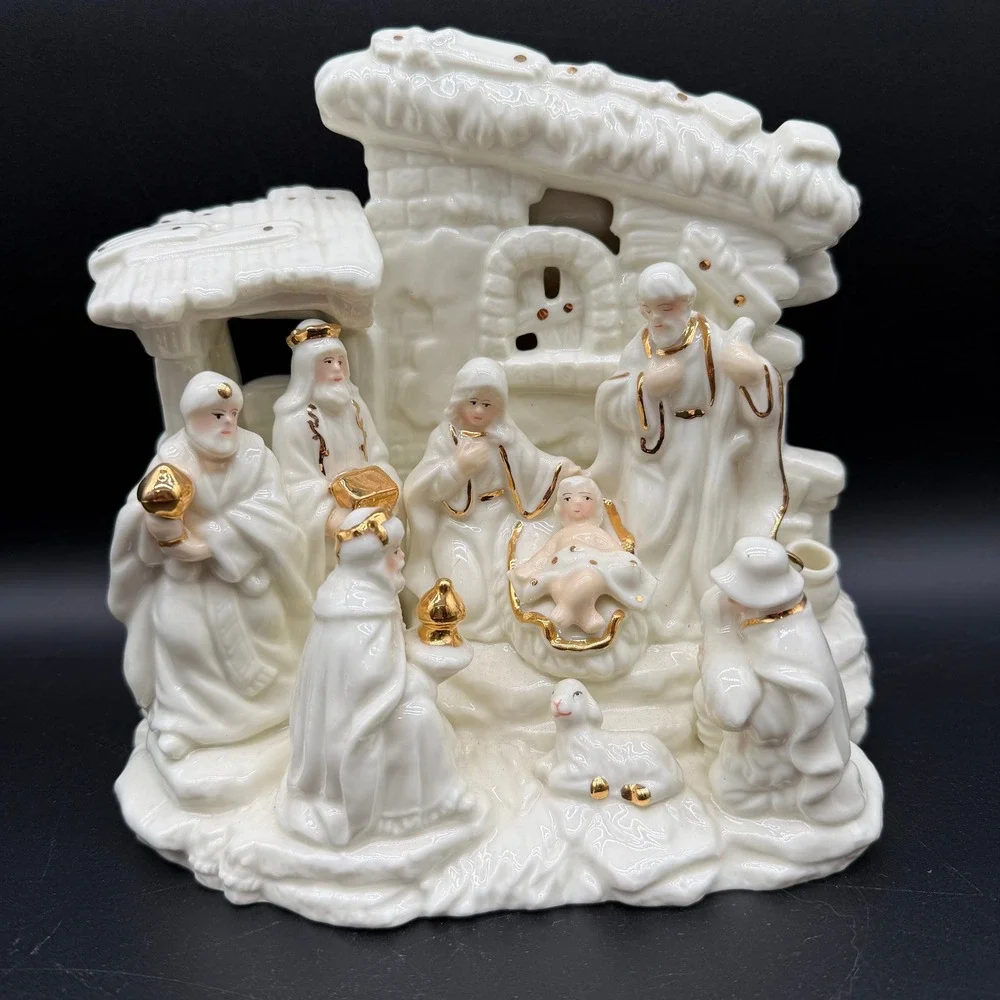 Vintage Porcelain Nativity Scene Gold Trim Christmas Religious‎ Decoration Large